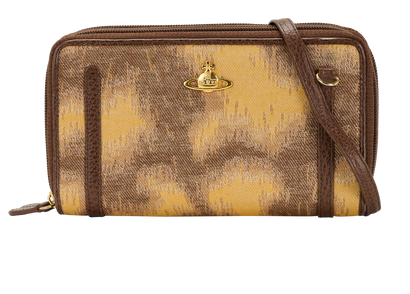 Orb Jacquard Double-Zip Wallet On Chain, &pound;110, Handbags, Brown/Yellow, Canvas/Leather, Front view